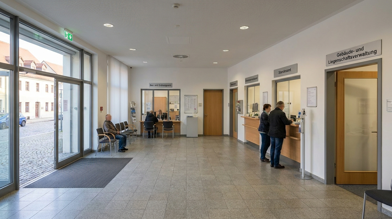 Geöffneter Eingangs- und Servicebereich des Rathauses Brandis während der zusätzlichen Samstagssprechzeit.