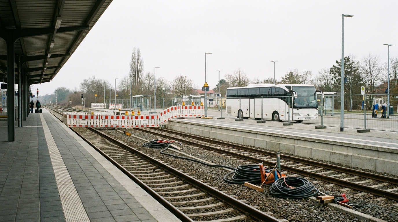 Leerer Regionalbahnsteig mit gesperrten Gleisen und bereitstehendem Ersatzbus zwischen Magdeburg und Dessau.