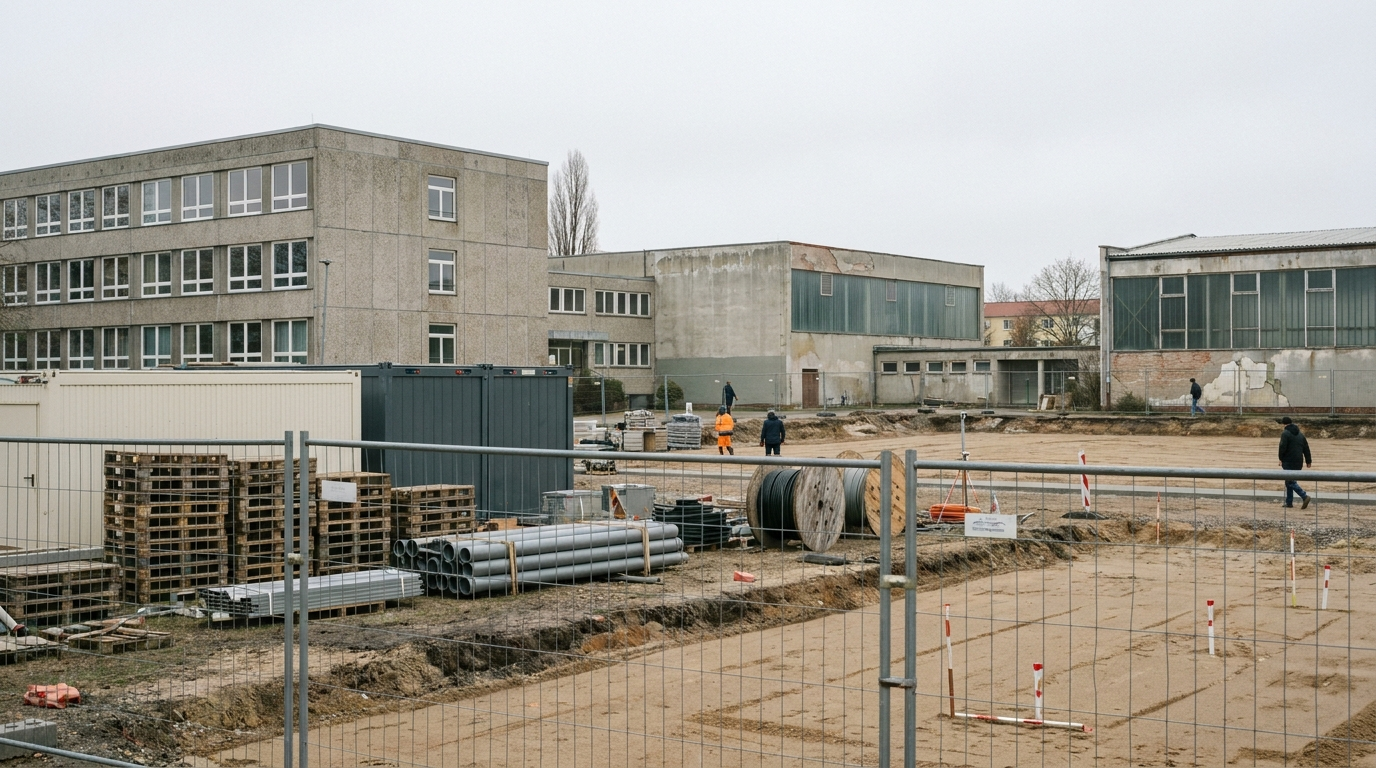 Sanierungsbedürftiges kommunales Gebäude in Neubrandenburg mit Bauzaun und vorbereiteter Baustellenfläche.