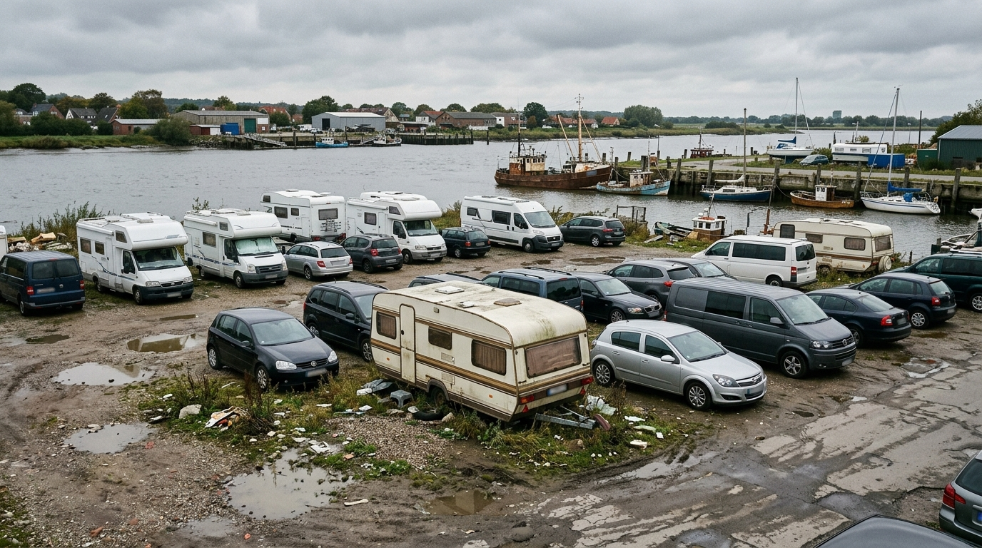 Symbolbild: Ungeordnet geparkte Wohnmobile und Autos auf einer Schotterfläche am Hafenufer, dazwischen Pfützen und Unkraut.