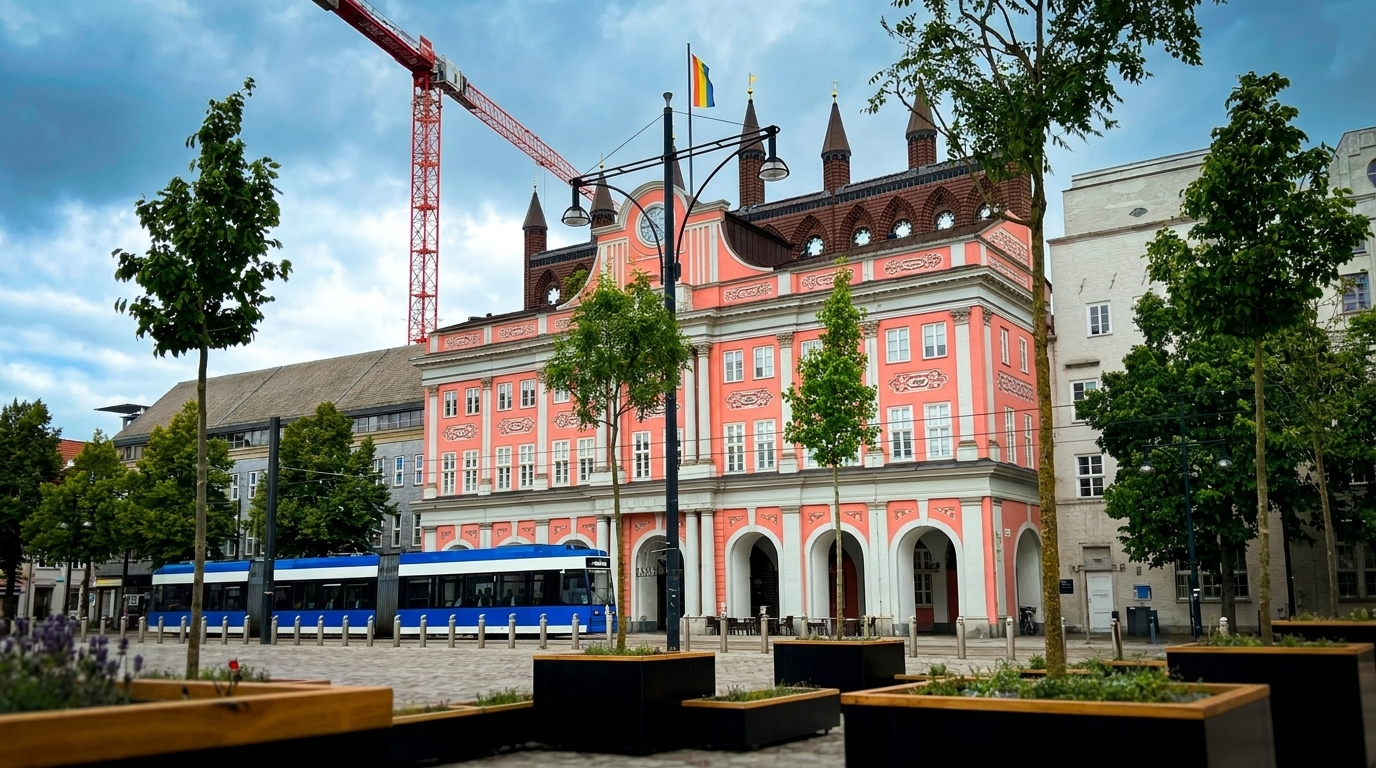 Temporäre Bäume, Pflanzbeete und Sitzgelegenheiten entlang des Neuen Marktes in Rostock
