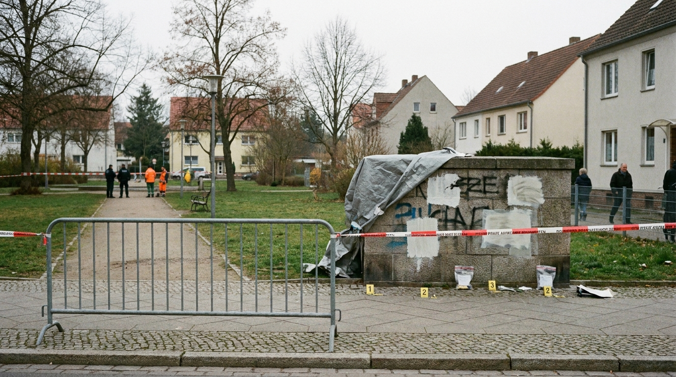 Beschädigter Gedenkort mit Absperrung als Symbol für antisemitische Vorfälle in Brandenburg