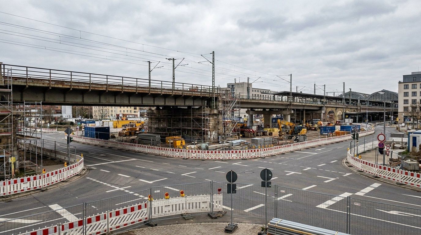 Am Schmidtstedter Knoten in Erfurt wird ein rund 38 Meter langer und bis zu 1.800 Tonnen schwerer Eisenbahnbrückenträger ausgetauscht. Die Arbeiten führen von Ende Juli bis Oktober zu Einschränkungen im Straßen- und Bahnverkehr.