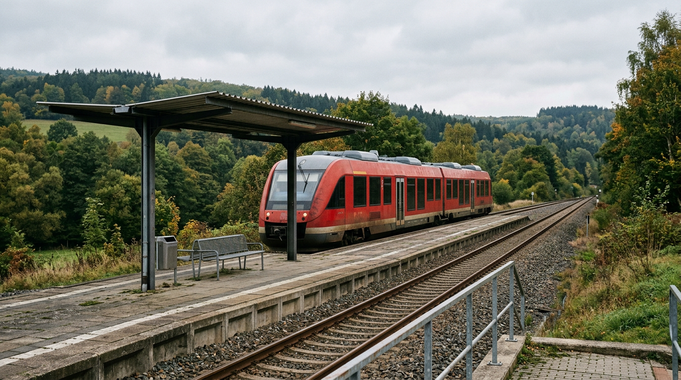 Symbolbild: Ein roter Diesel-Regionaltriebwagen hält an einem kleinen ländlichen Bahnsteig, dahinter bewaldete Hügel.