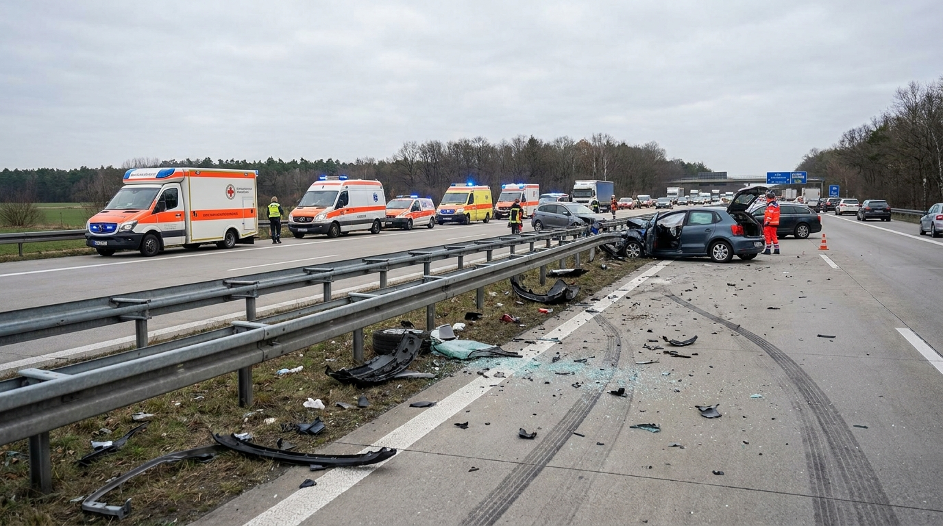 Abgesicherte Unfallstelle auf der A15 nahe Vetschau mit beschädigten Fahrzeugen, Rettungswagen und verstreuten Fahrzeugteilen nach einem Unfall mit sieben Verletzten.