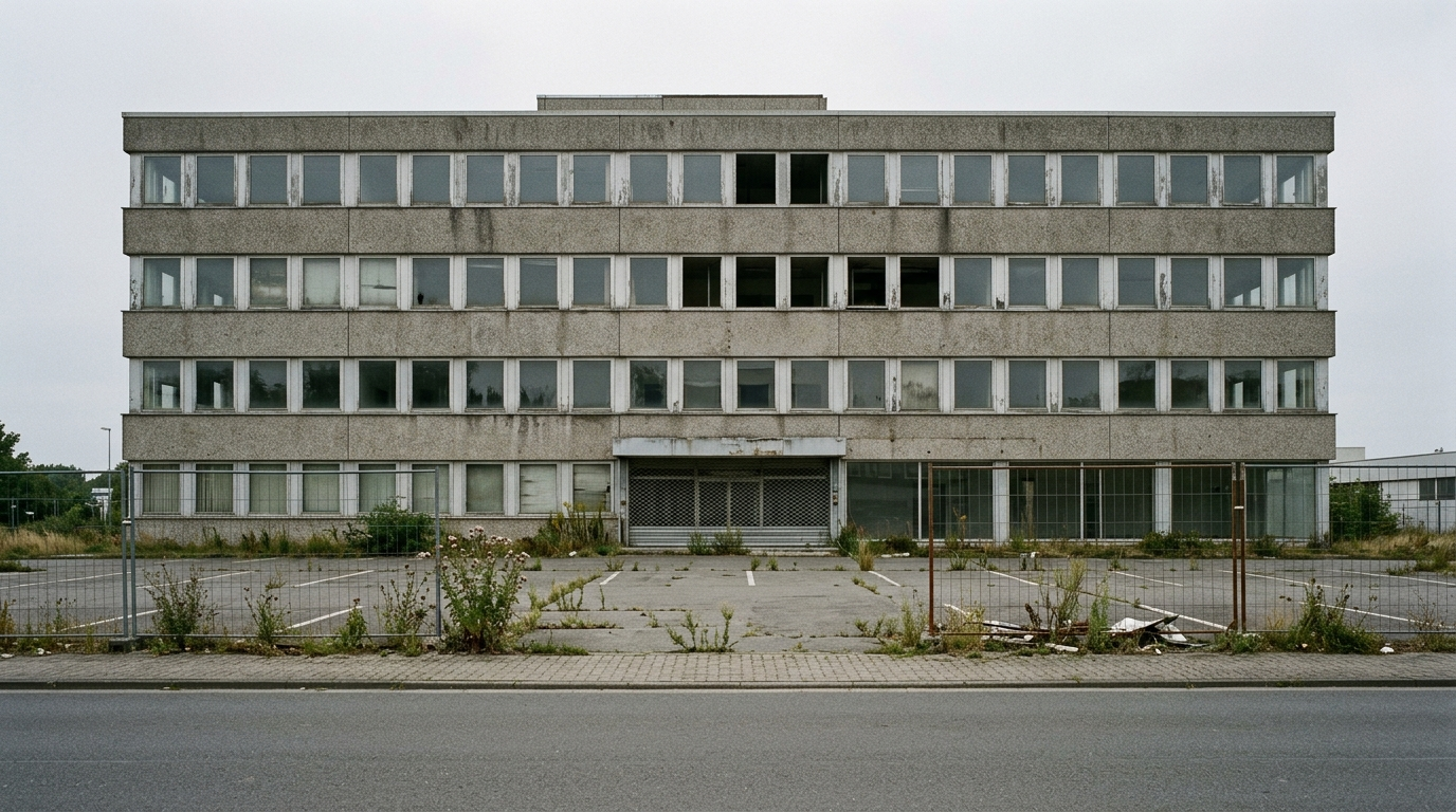 Symbolbild: Ein leerstehendes Bürogebäude aus den 1970er Jahren mit blinden Fenstern, davor ein verwildeter Parkplatz hinter einem Bauzaun.