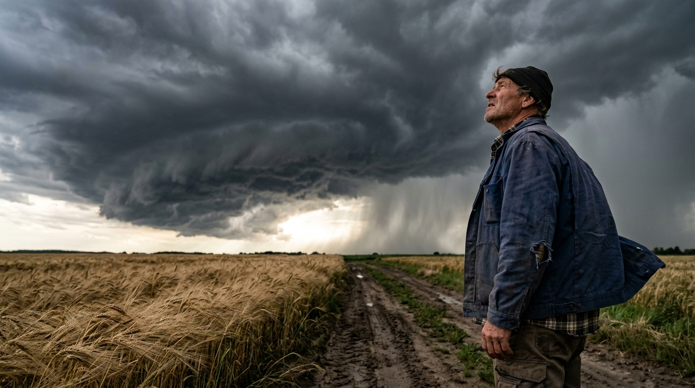 Symbolbild: Ein Landwirt am Feldrand blickt zu einer heranziehenden dunklen Gewitterfront mit Böenwalze, darunter hängen Regenschleier.