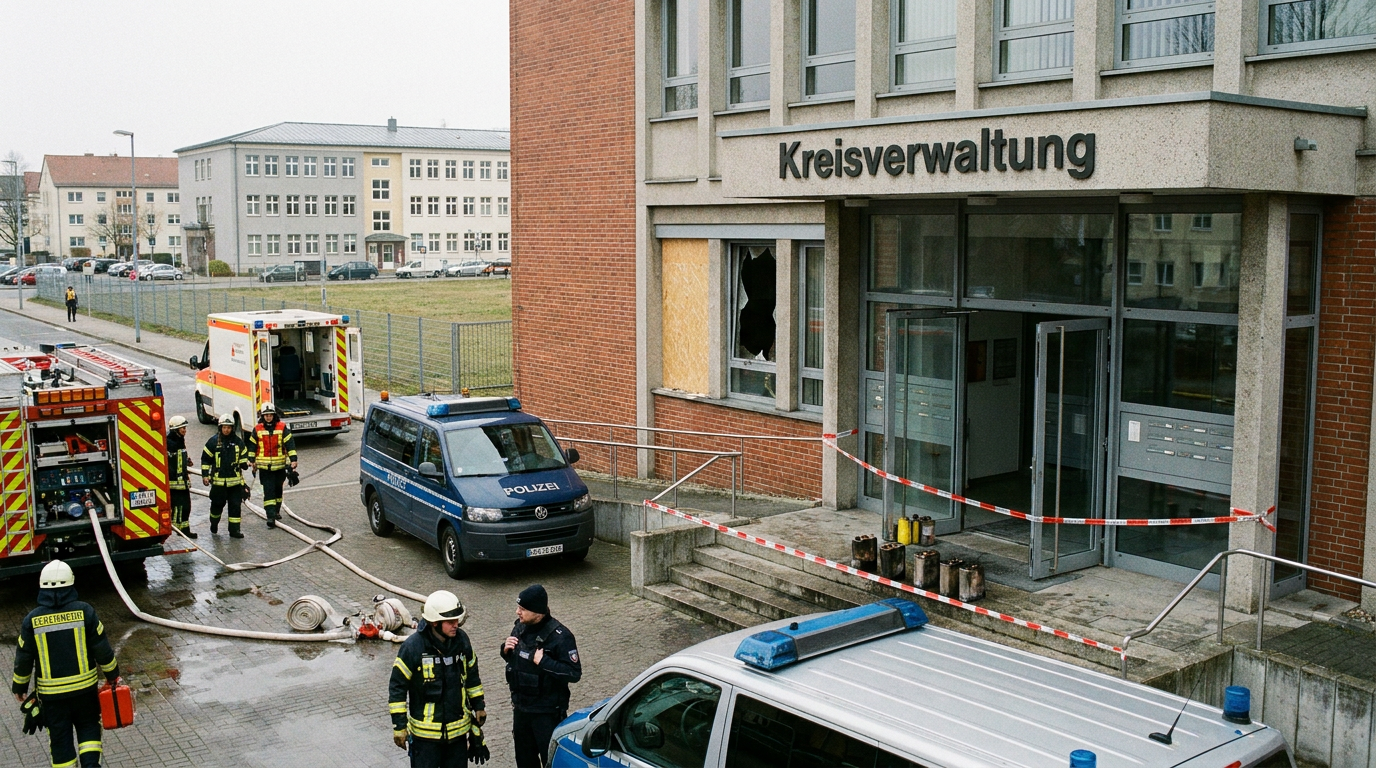 Einsatzkräfte vor einer Kreisverwaltung in Finsterwalde