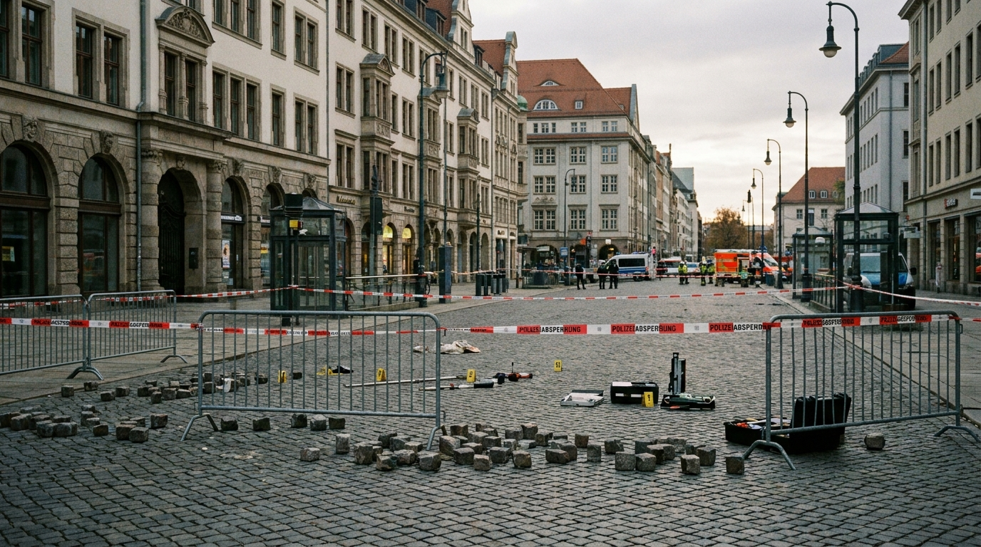 Abgesperrter Tatort in der Leipziger Innenstadt mit Polizeikräften und Rettungswagen nach einer schweren Gewalttat, bei der ein 20-Jähriger lebensgefährlich verletzt wurde.