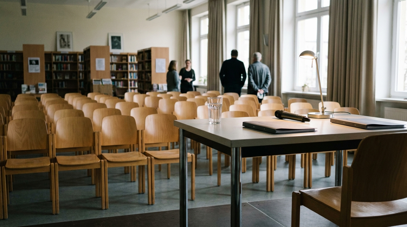 Vorbereiteter Veranstaltungsraum in Hoyerswerda mit Stuhlreihen, Lesetisch, Büchern und Mikrofon zur Brigitte-Reimann-Woche.
