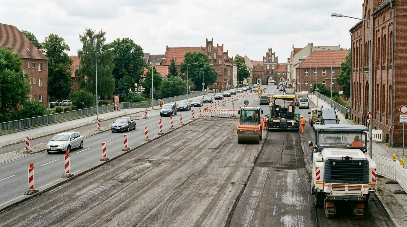 Baustelle mit verengten Fahrspuren auf dem Friedrich-Engels-Ring in Neubrandenburg