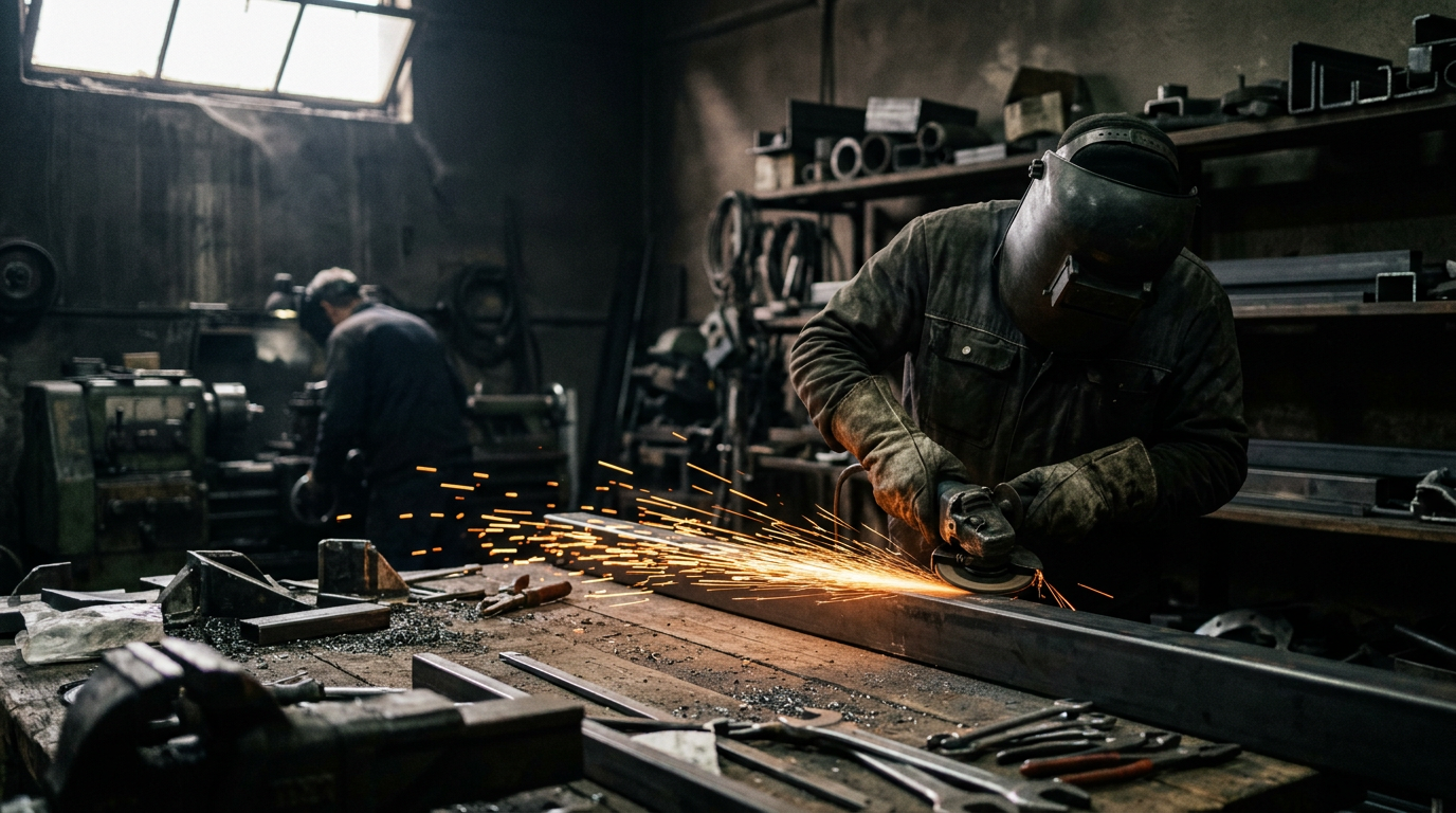 Symbolbild: Ein Metallbauer schleift in einer Werkstatt eine Stahlkante, Funken sprühen über die Werkbank.