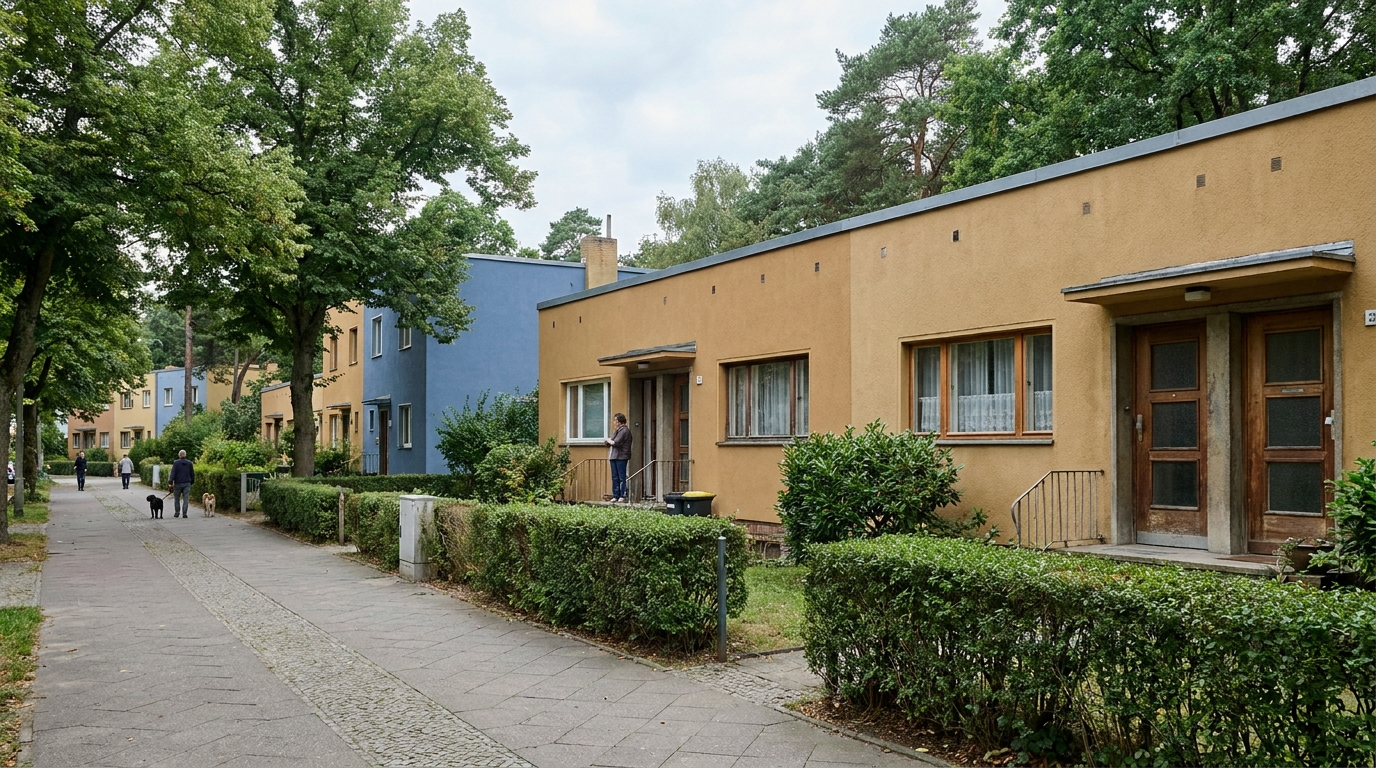 Waldsiedlung Zehlendorf in Berlin mit farbigen Reihenhäusern, flachen Dächern, Vorgärten und altem Baumbestand als bedeutendes Beispiel der Berliner Moderne.