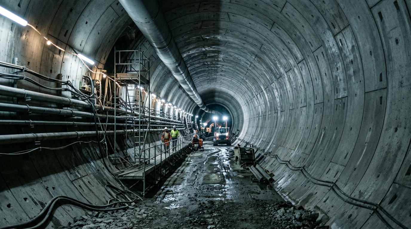 Symbolbild: Blick in eine im Rohbau befindliche Tunnelröhre aus Betonsegmenten, tief unter der Erde.