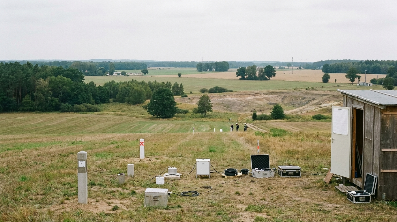 Weite Lausitzer Landschaft über einem geplanten unterirdischen Forschungsstandort für das europäische Einstein-Teleskop.