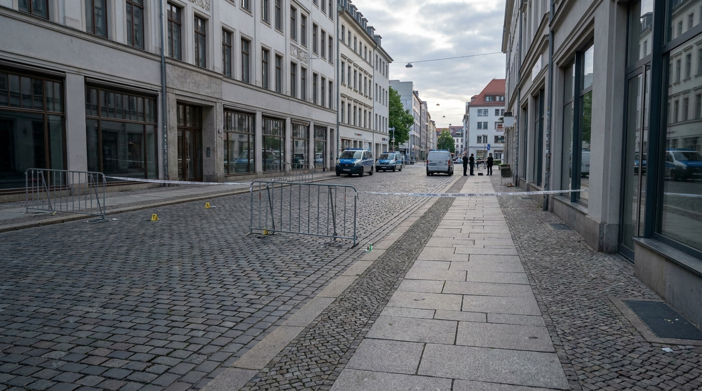 Abgesicherter Straßenabschnitt in der Leipziger Innenstadt nach einer gewalttätigen Auseinandersetzung