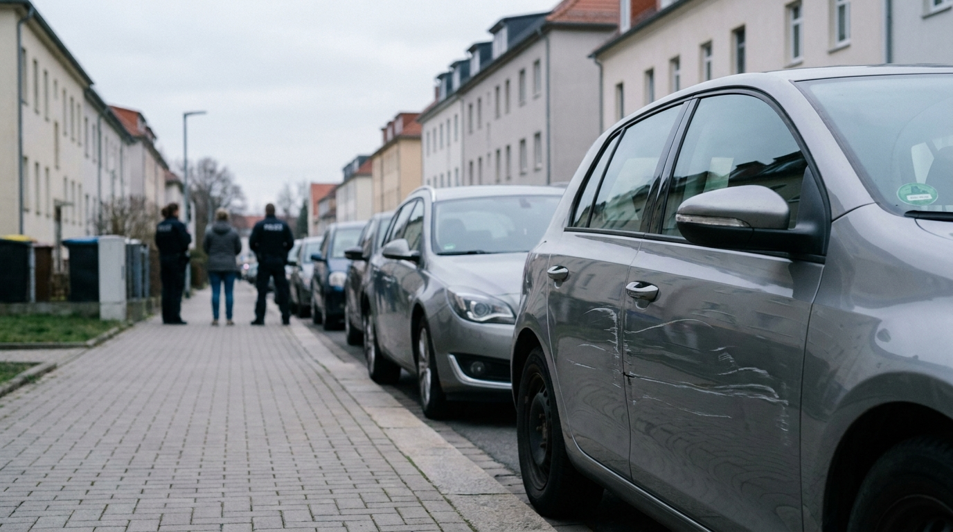 Tiefe Kratzer im Lack eines abgestellten Autos in einer Wohnstraße in Zwickau als Symbol für die Beschädigung von 13 Fahrzeugen.