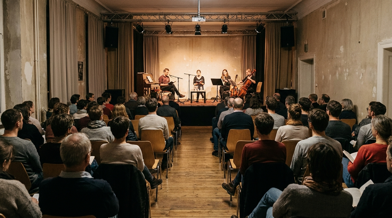 Literaturabend in einer kleinen halleschen Kulturbühne mit Lesenden, musikalischer Begleitung und Publikum.