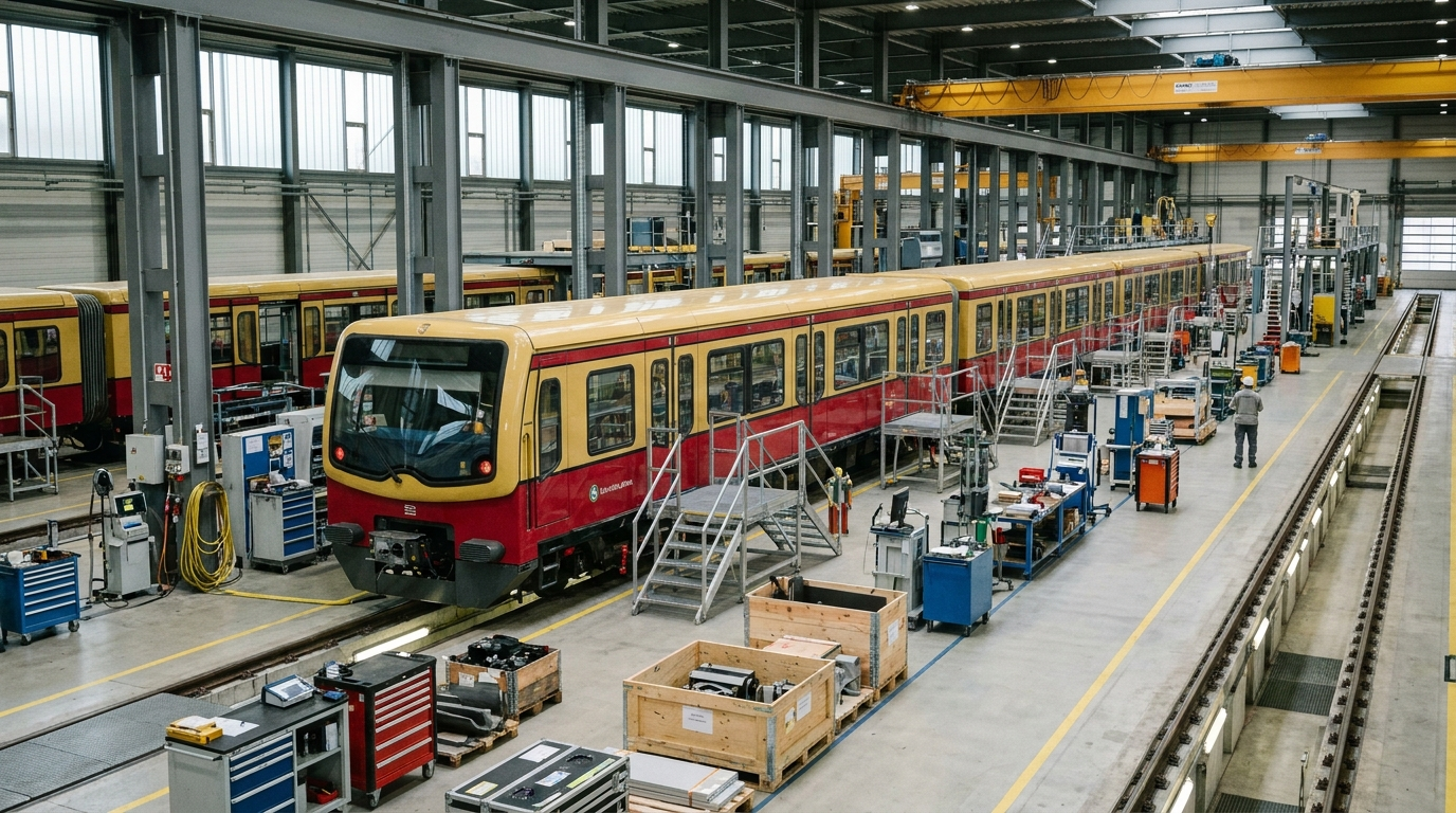 Moderner S-Bahn-Zug in einer großen Werkhalle in Berlin-Brandenburg