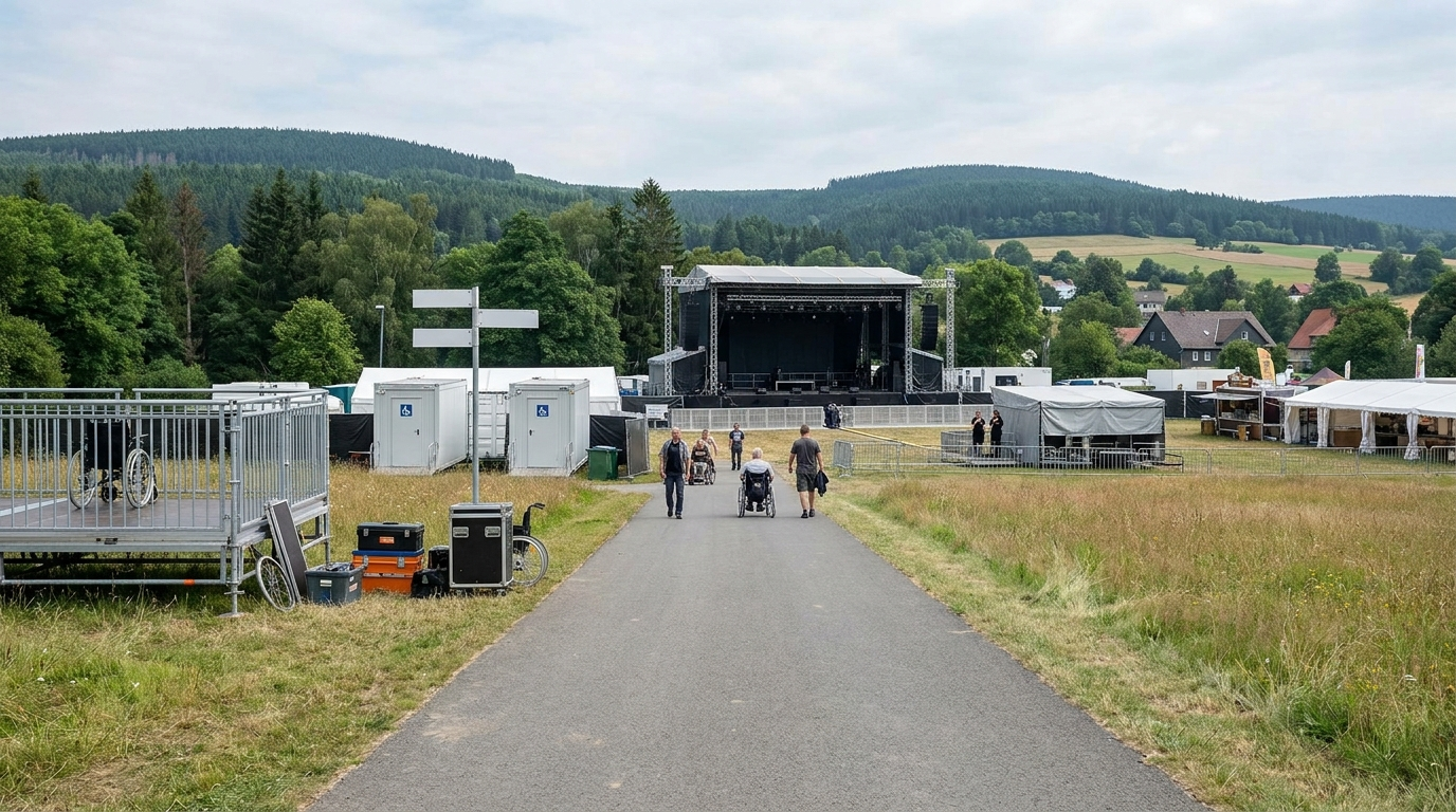 Festivalgelände von Rocken am Brocken mit barrierearmen Wegen und Rollstuhltribüne