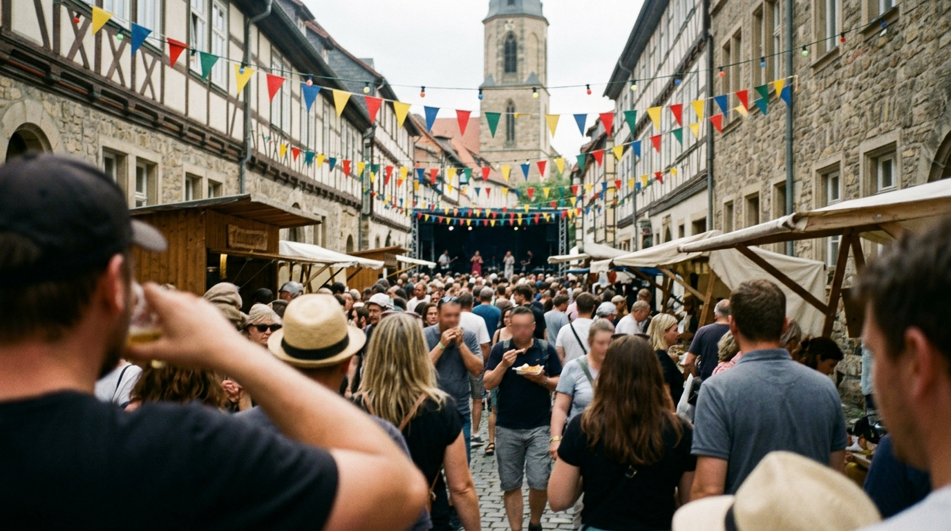 Symbolbild: Ein dicht besuchtes Altstadt-Stadtfest mit Wimpelketten, Verkaufsständen und einer Bühne vor einem Kirchturm.