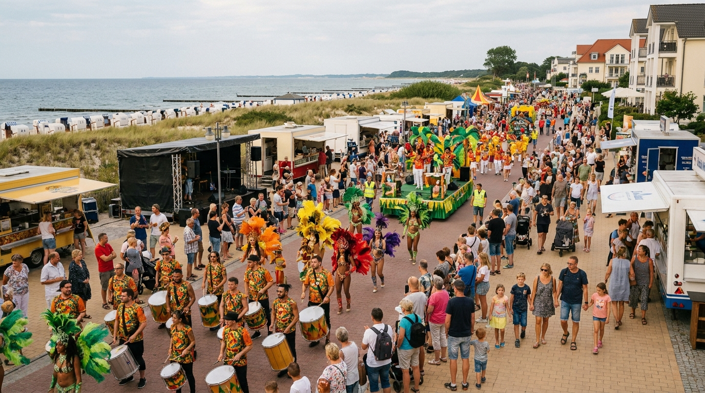 Festumzug mit Musik und kostümierten Teilnehmern an der Strandpromenade von Kühlungsborn