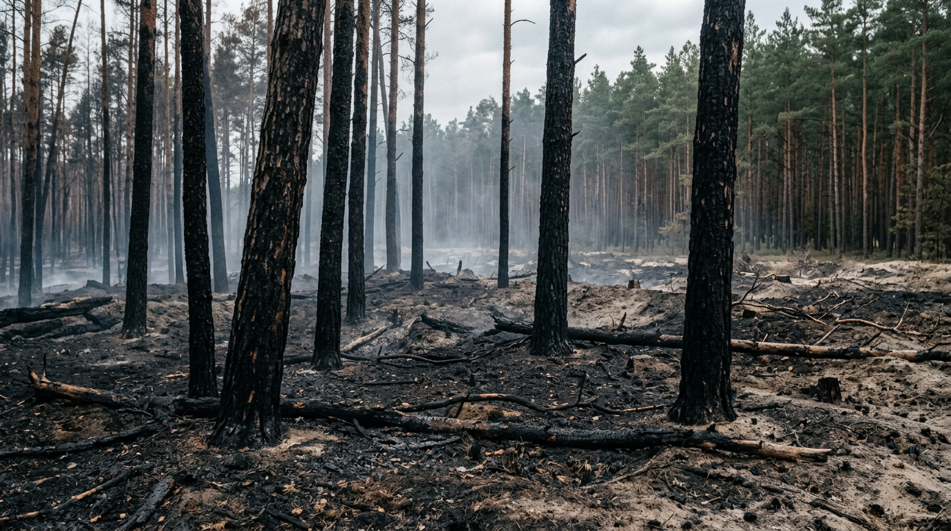 Symbolbild: Verbrannter Kiefernwaldboden mit verkohlten Stämmen und dünnem Rauch in einer Kiefernheide.