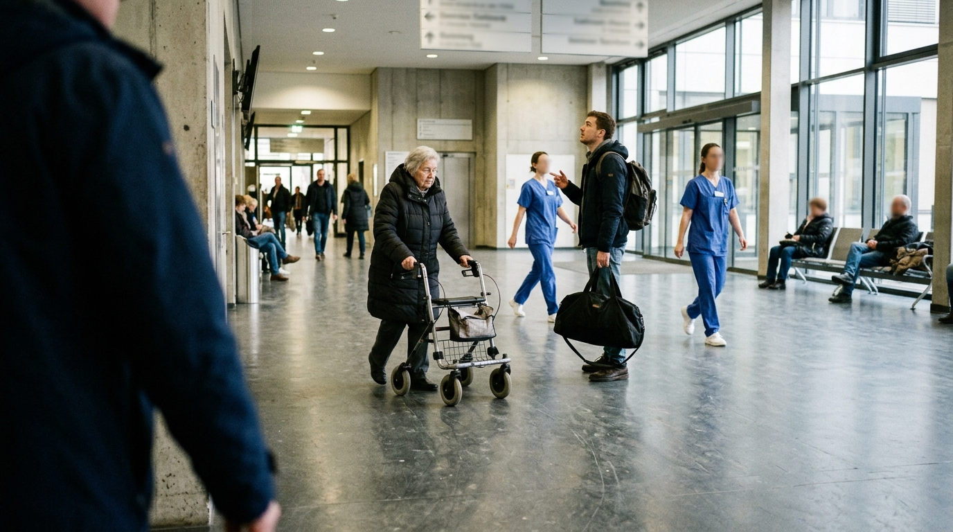 Symbolbild: In der Eingangshalle eines Krankenhauses gehen Menschen in verschiedene Richtungen, eine Frau mit Rollator quert die Halle.