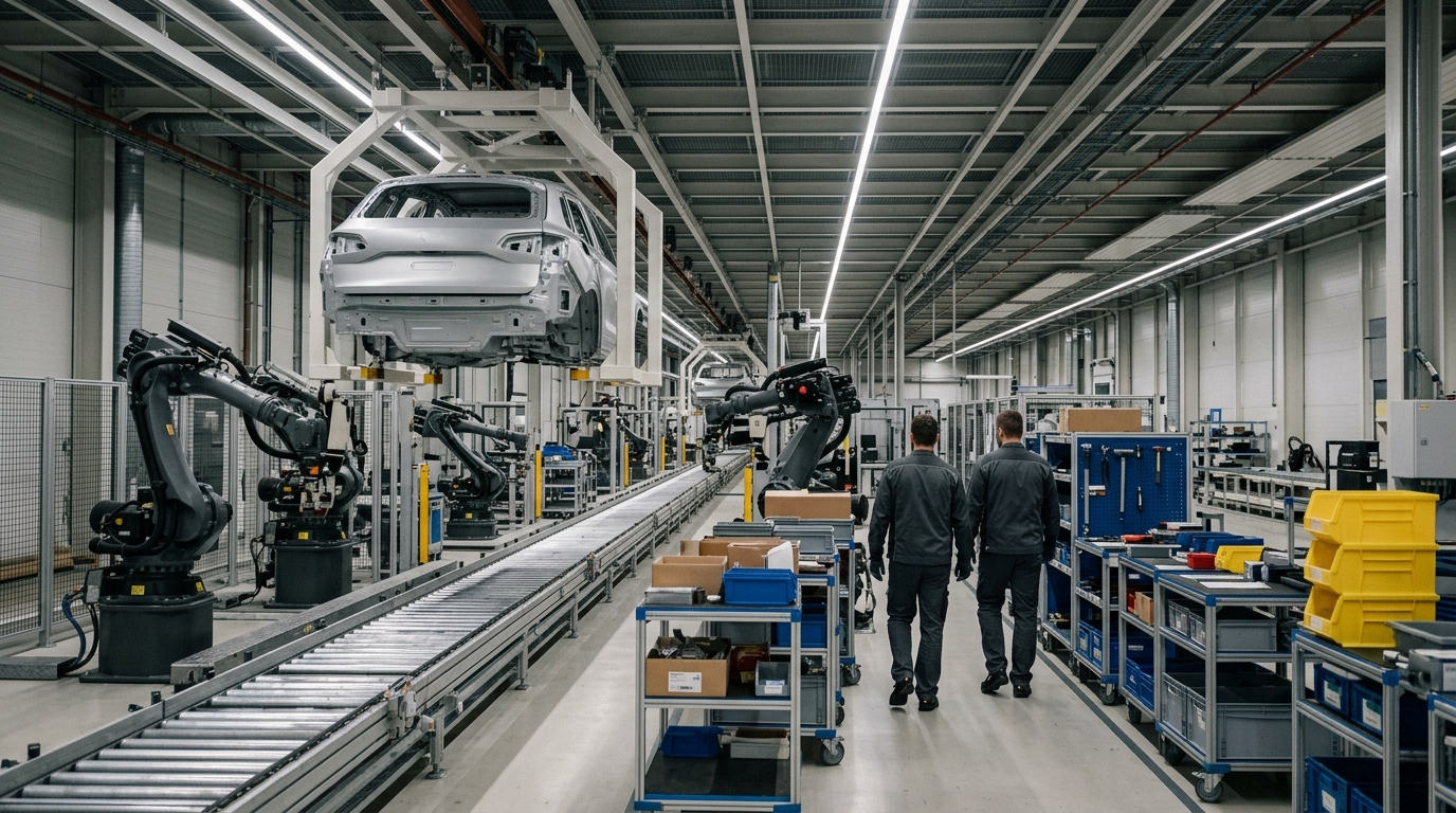 Symbolbild: Eine markenlose Fahrzeugkarosserie an der Förderanlage einer Automontagehalle, stillstehende Roboterarme.