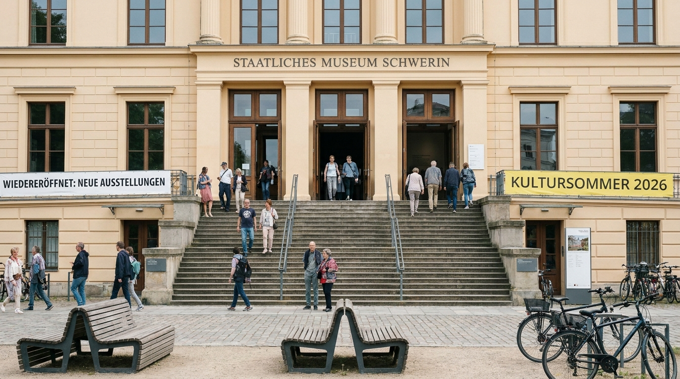 Besucher vor dem wiedereröffneten Staatlichen Museum Schwerin am Alten Garten während einer sommerlichen Kulturveranstaltung.