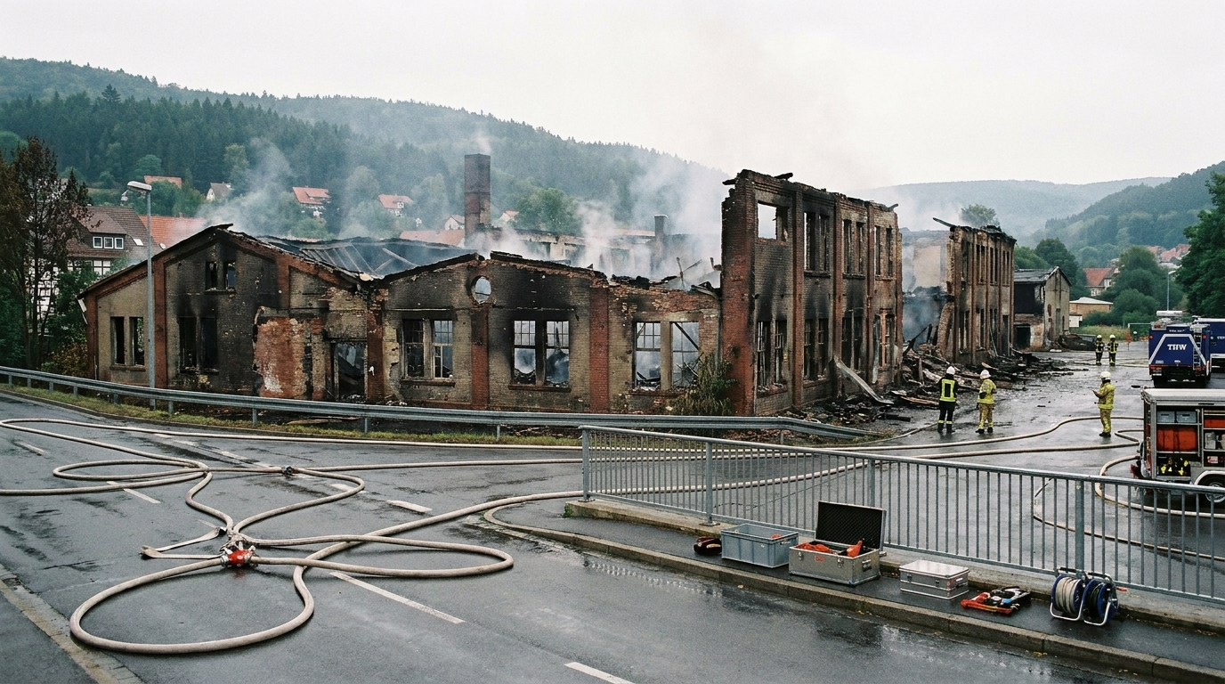 Feuerwehrfahrzeuge vor einem ausgebrannten Fabrikgebäude in Wernigerode