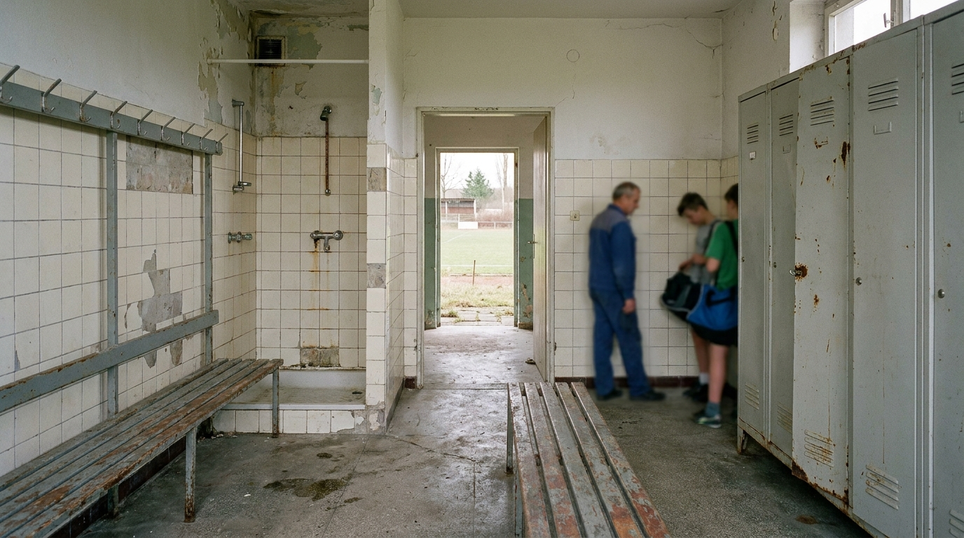 Sanierungsbedürftige Umkleide und Duschen an einem Sportplatz in Mecklenburg-Vorpommern