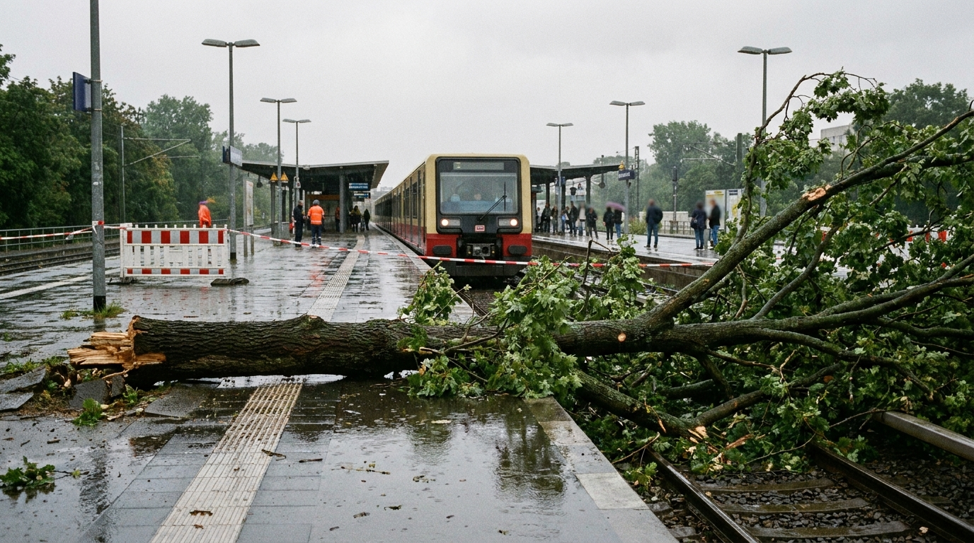 Umgestürzter Baum blockiert nach einem Unwetter die Gleise der Berliner S-Bahn am Bahnhof Sundgauer Straße.