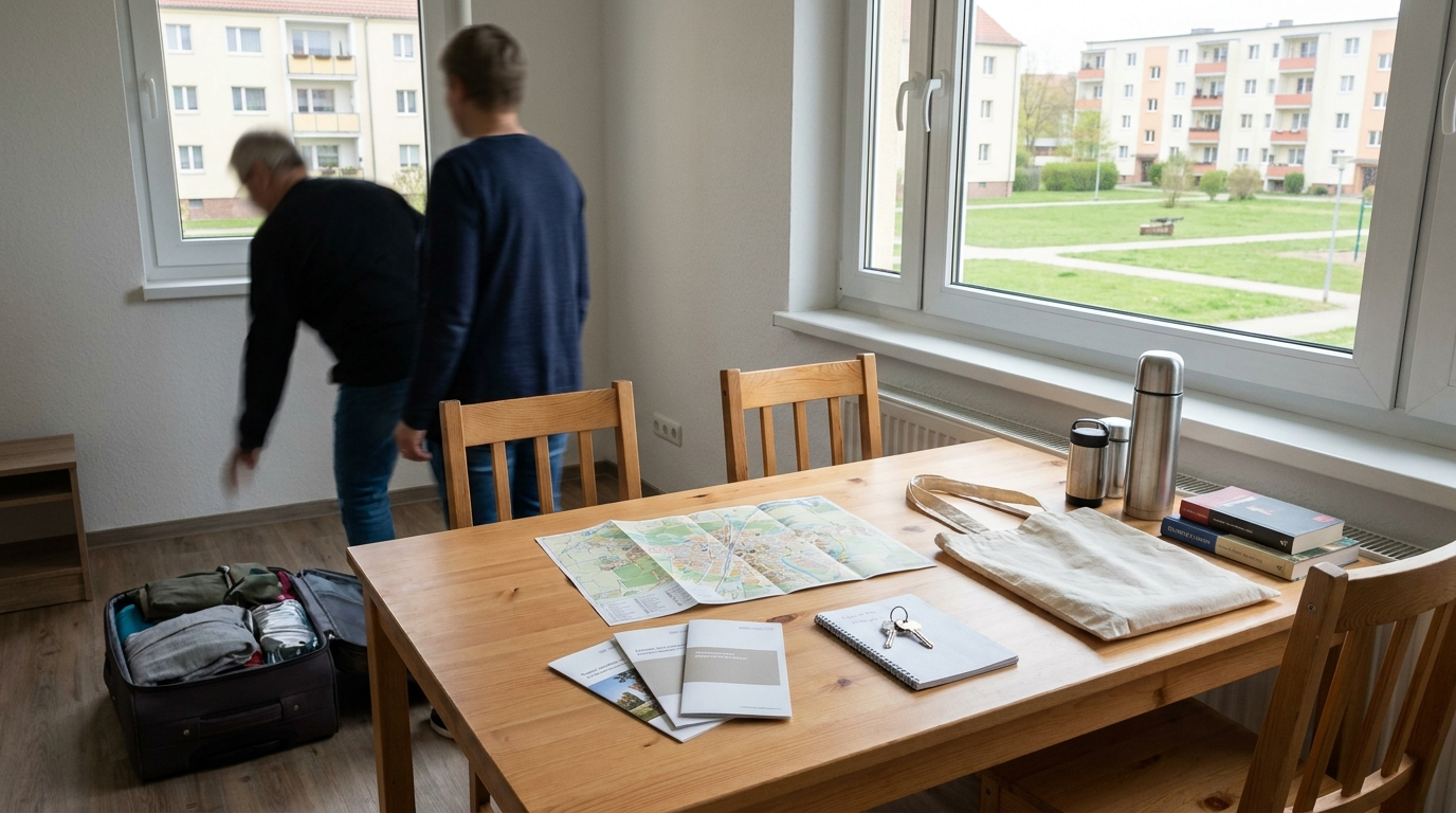 Möblierte Wohnung in Eisenhüttenstadt mit Blick auf ein ruhiges Wohnviertel für Teilnehmer des kostenlosen Probewohnens.