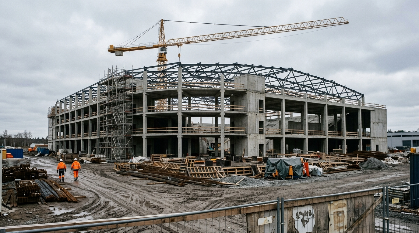 Symbolbild: Der Rohbau einer Sporthalle mit Betonstützen, Stahlträger-Dachstuhl und Turmdrehkran, davor zwei Bauarbeiter.
