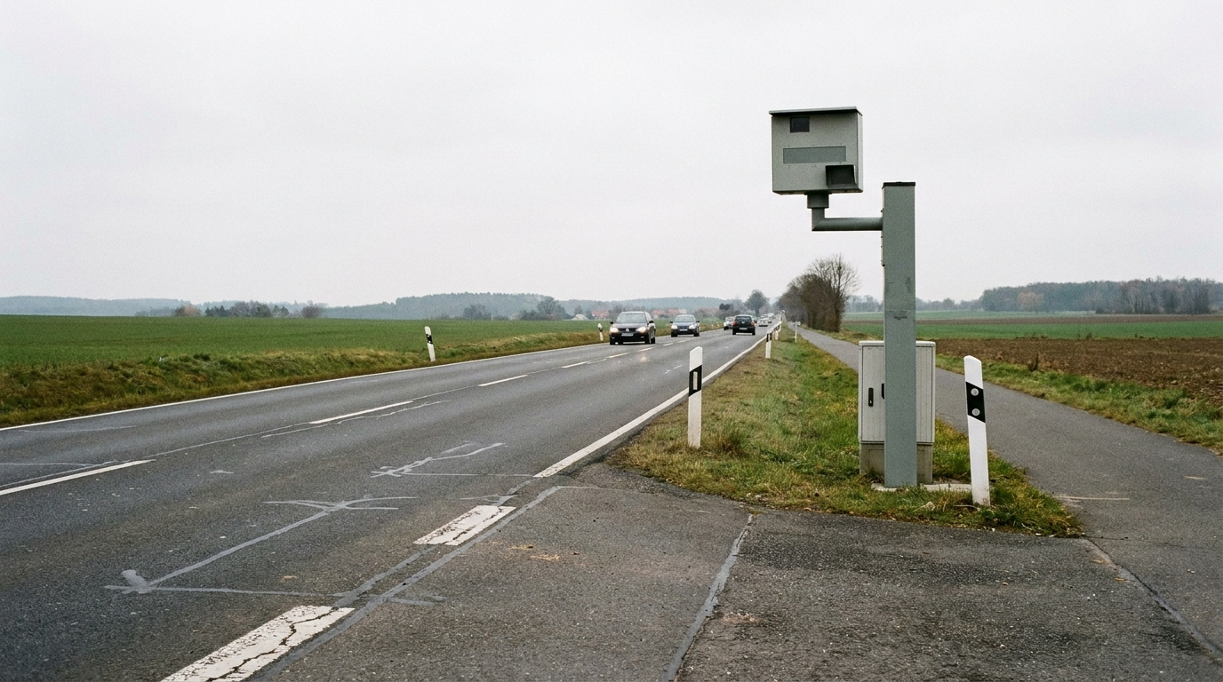 Stationärer Blitzer an einer Thüringer Landstraße als Symbol für gesunkene Bußgeldeinnahmen.