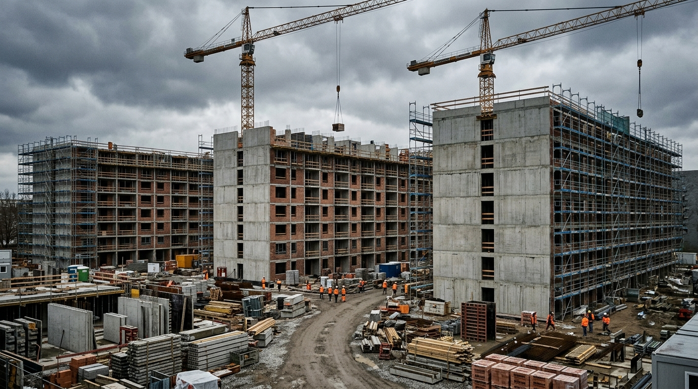Symbolbild: Die Baustelle mehrerer Wohnungsbau-Rohbauten mit Gerüsten und zwei Turmdrehkränen.