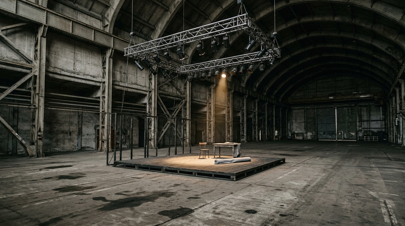 Symbolbild: Eine karge Theaterbühne im Lichtkegel mitten in einer großen, dunklen Flugzeughalle.