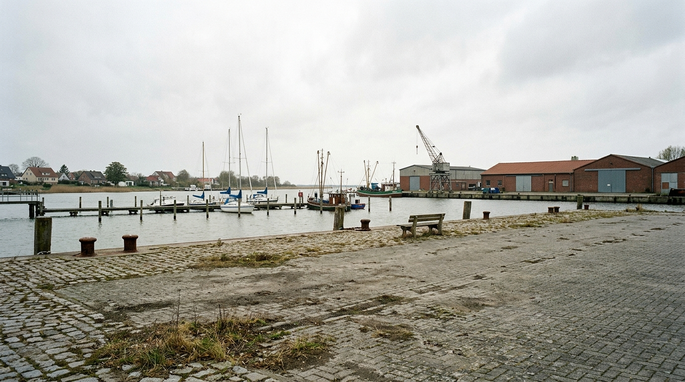 Symbolbild: Eine leere gepflasterte Freifläche an der Kaikante eines kleinen Stadthafens, dahinter Sportboote und Lagerhallen.