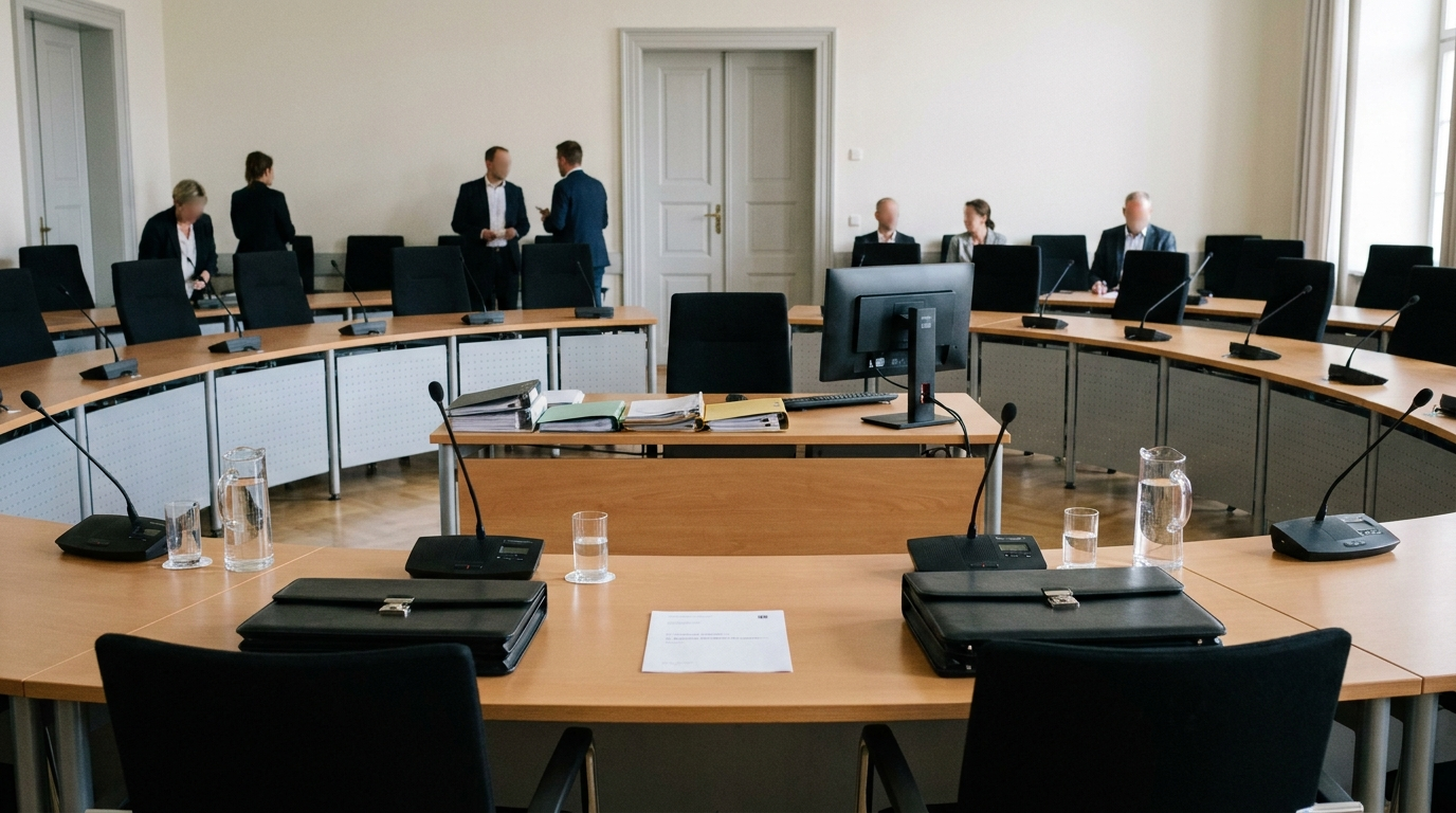 Leerer Bürgermeisterplatz mit Ernennungsurkunde und Amtskette in einem Sitzungssaal des Wismarer Rathauses