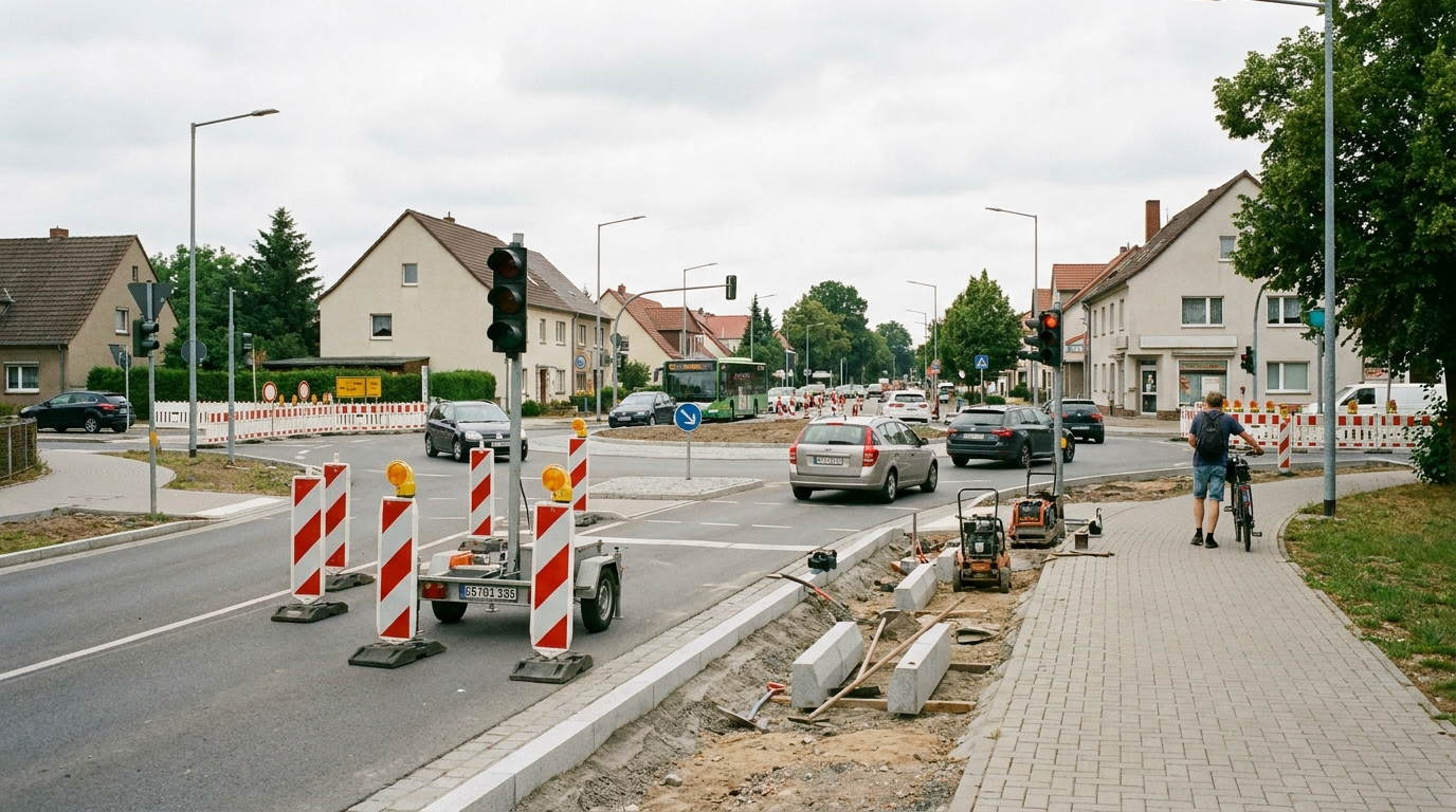 Baustelle mit Ampelregelung am Kreisverkehr in der Brücker Straße in Beelitz
