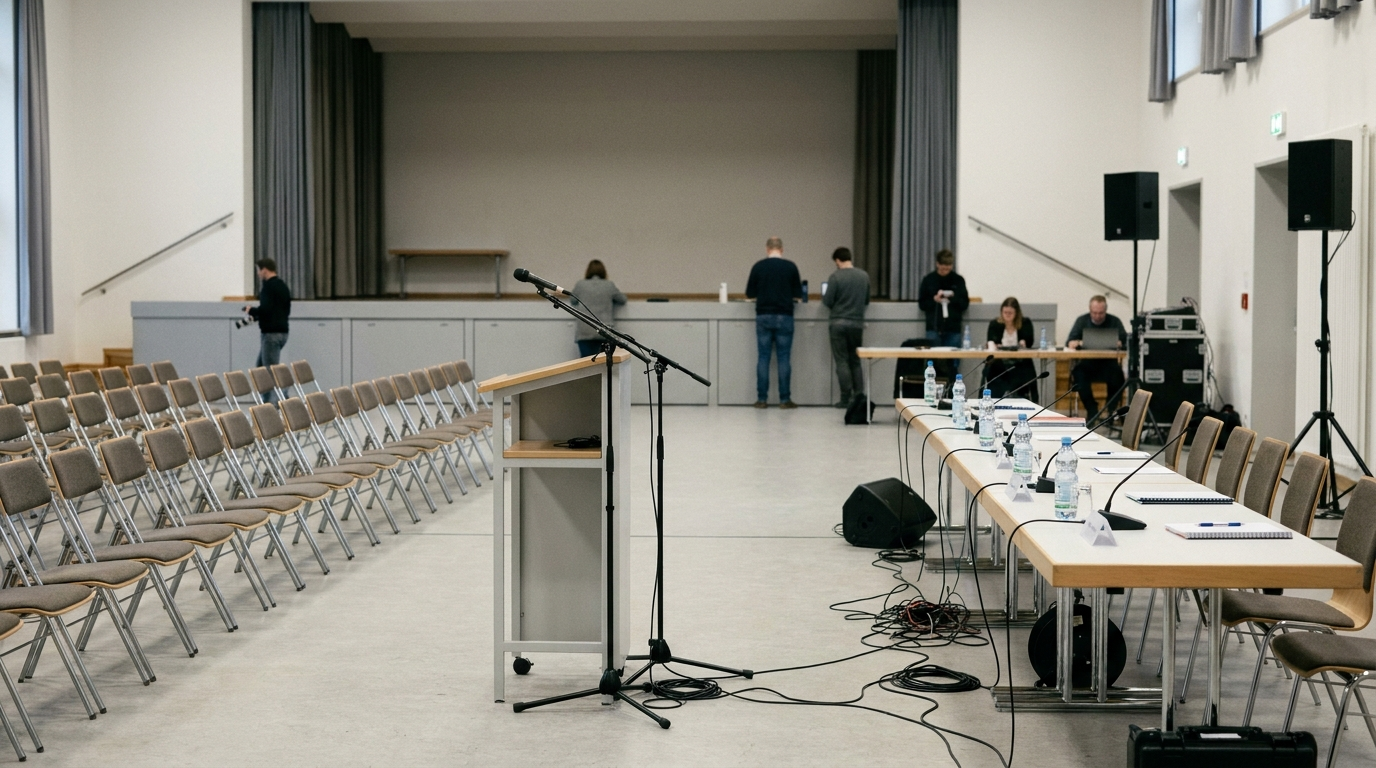 Leerer CDU-Veranstaltungssaal mit Rednerpult und vorbereiteten Sitzreihen vor einem ostdeutschen Landtagswahlkampf