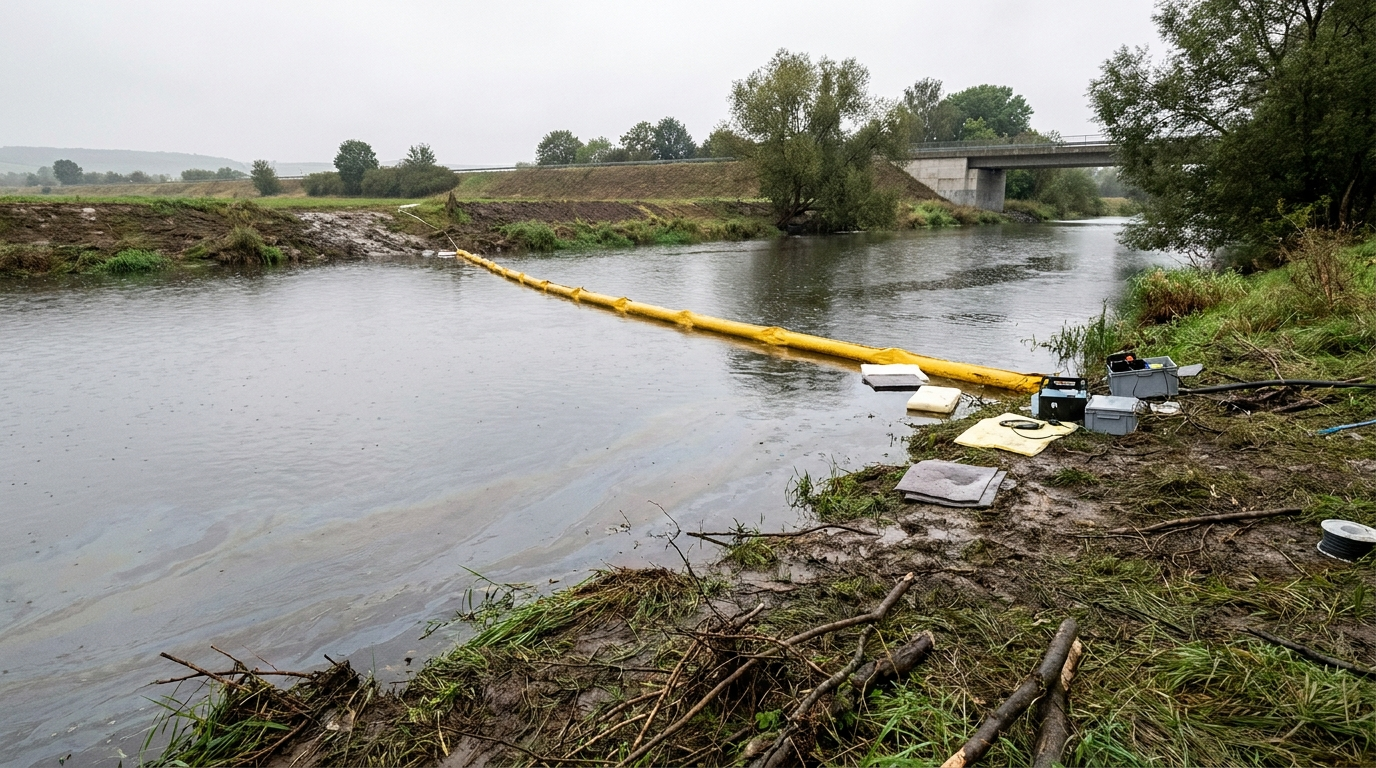 Nach dem schweren Unwetter in Thüringen gelangte vermutlich Heizöl in die Unstrut bei Mühlhausen. Anwohner meldeten Dieselgeruch und verfärbtes Wasser, woraufhin die Feuerwehr Ölsperren errichtete.