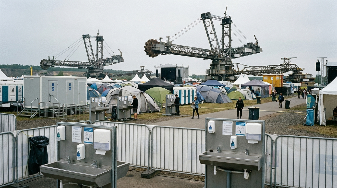 Festivalgelände von Ferropolis mit Tagebau-Großgeräten, Zelten, mobilen Sanitäranlagen und zusätzlichen Handwaschstationen nach dem Nachweis von Noroviren.