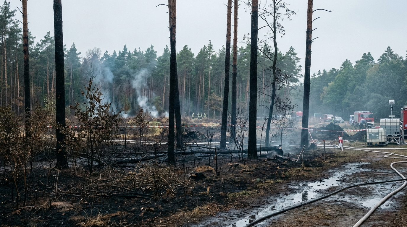 Verkohlter Wald und abgesperrter Einsatzbereich im Müritz-Nationalpark nach dem Großbrand, während die Ursache des Feuers weiter untersucht wird.