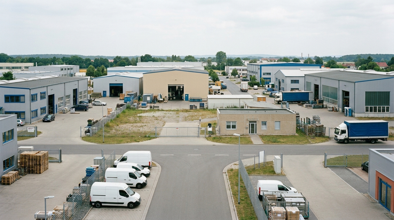 Mittelständischer Gewerbe- und Industriestandort in Ostdeutschland mit Produktionshallen und Lieferverkehr