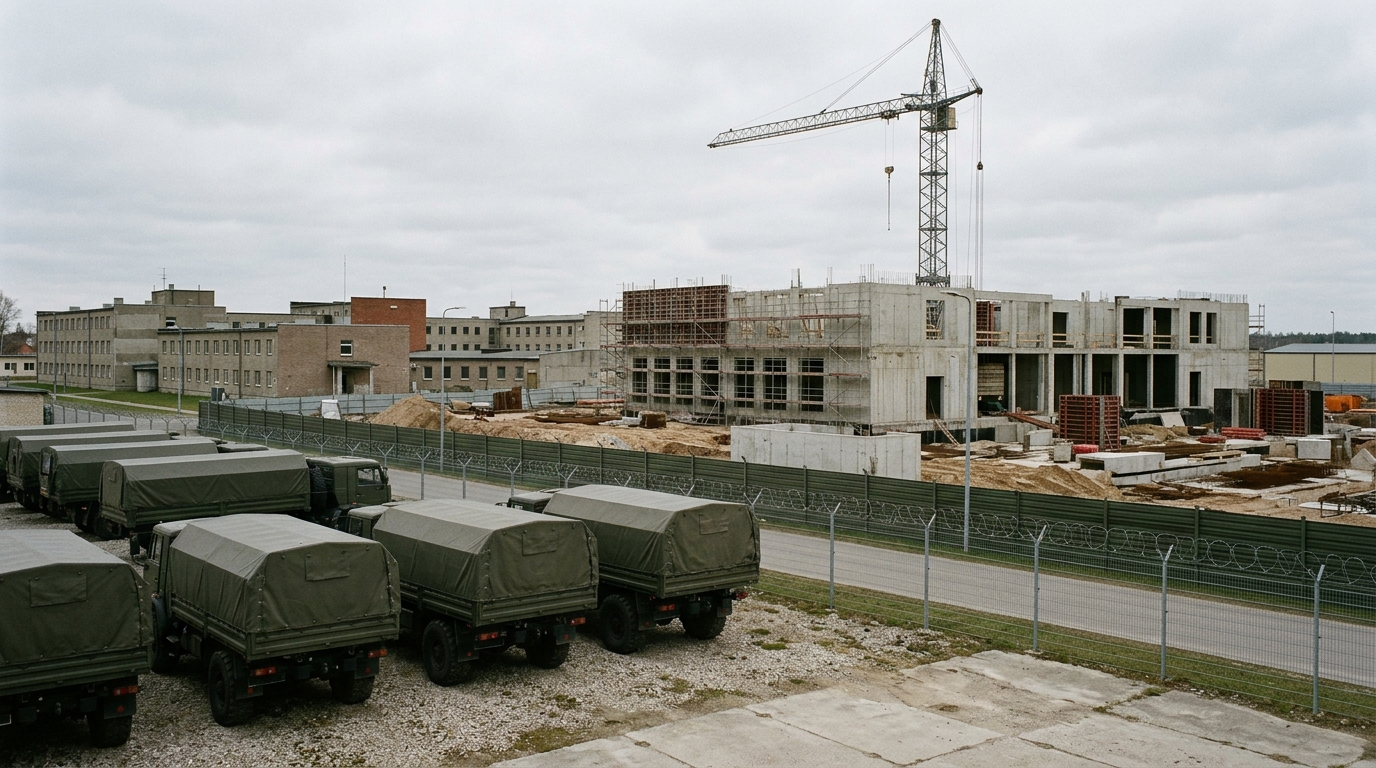 Symbolbild: Eine Reihe olivgrüner Militär-Lastwagen vor dem Rohbau eines Kasernengebäudes mit Kran.