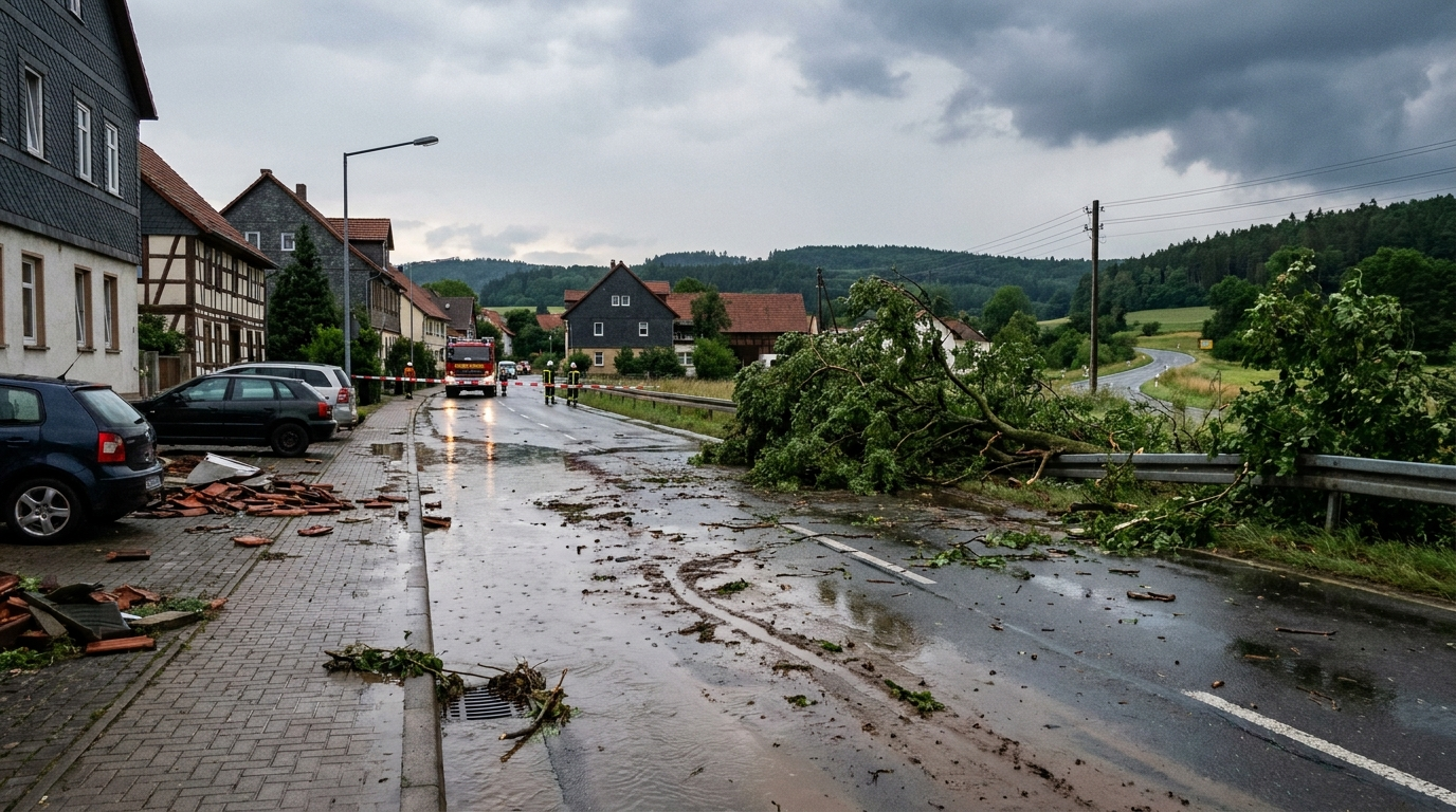 Überflutete Straße und umgestürzter Baum nach einem Unwetter in Thüringen