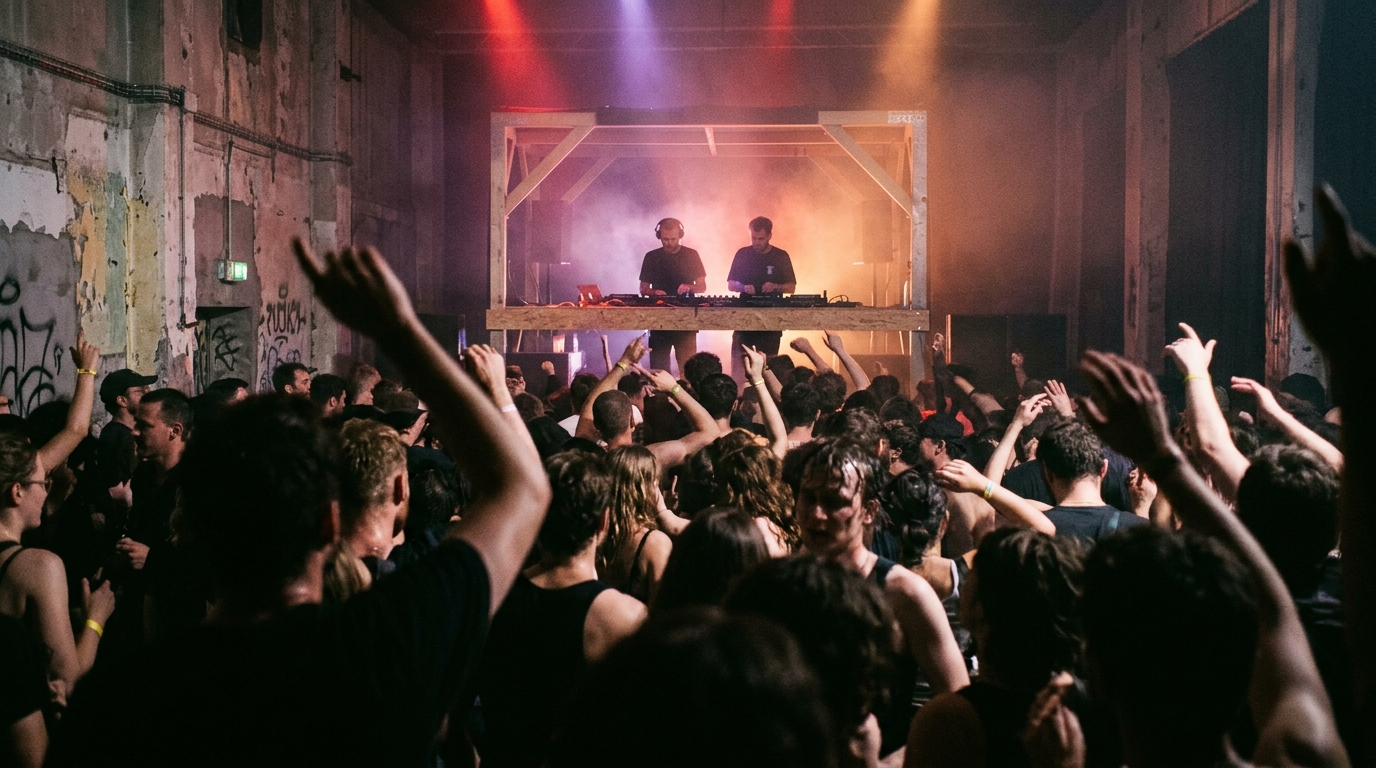 Symbolbild: Eine volle Tanzfläche in einem Club mit rohen Betonwänden, erhobene Arme, farbiges Licht und Nebel.