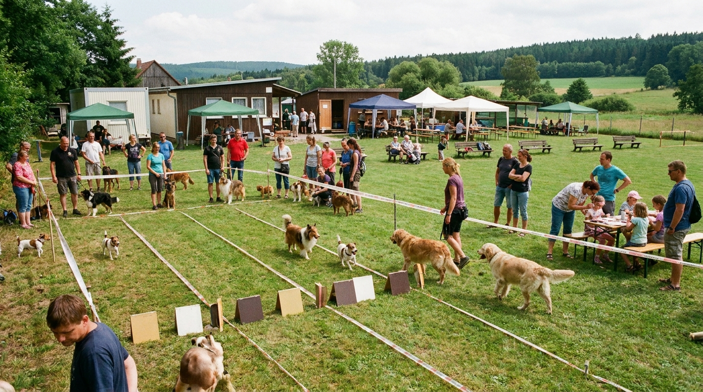 Hunde verschiedener Größen starten bei einem Hunderennen auf dem Gelände eines Hundesportvereins in Langewiesen